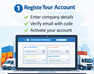 ExusTrans-Registrierungsformular für Spediteure mit Firmen- und Umsatzsteuerangaben sowie E-Mail-Verifizierung